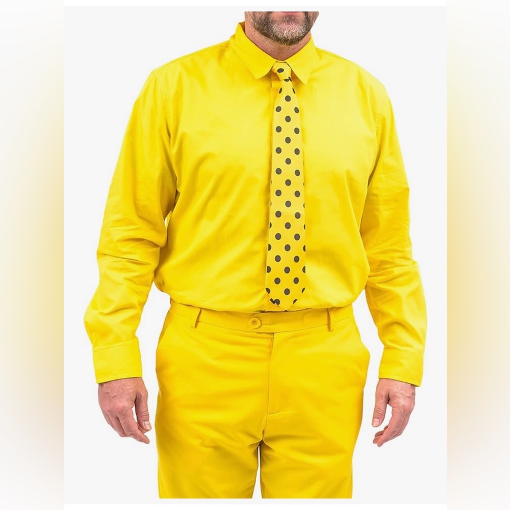 Men's Yellow Costume Suit with Polka Dot Tie and Pointed Hat - Picture 3 of 8